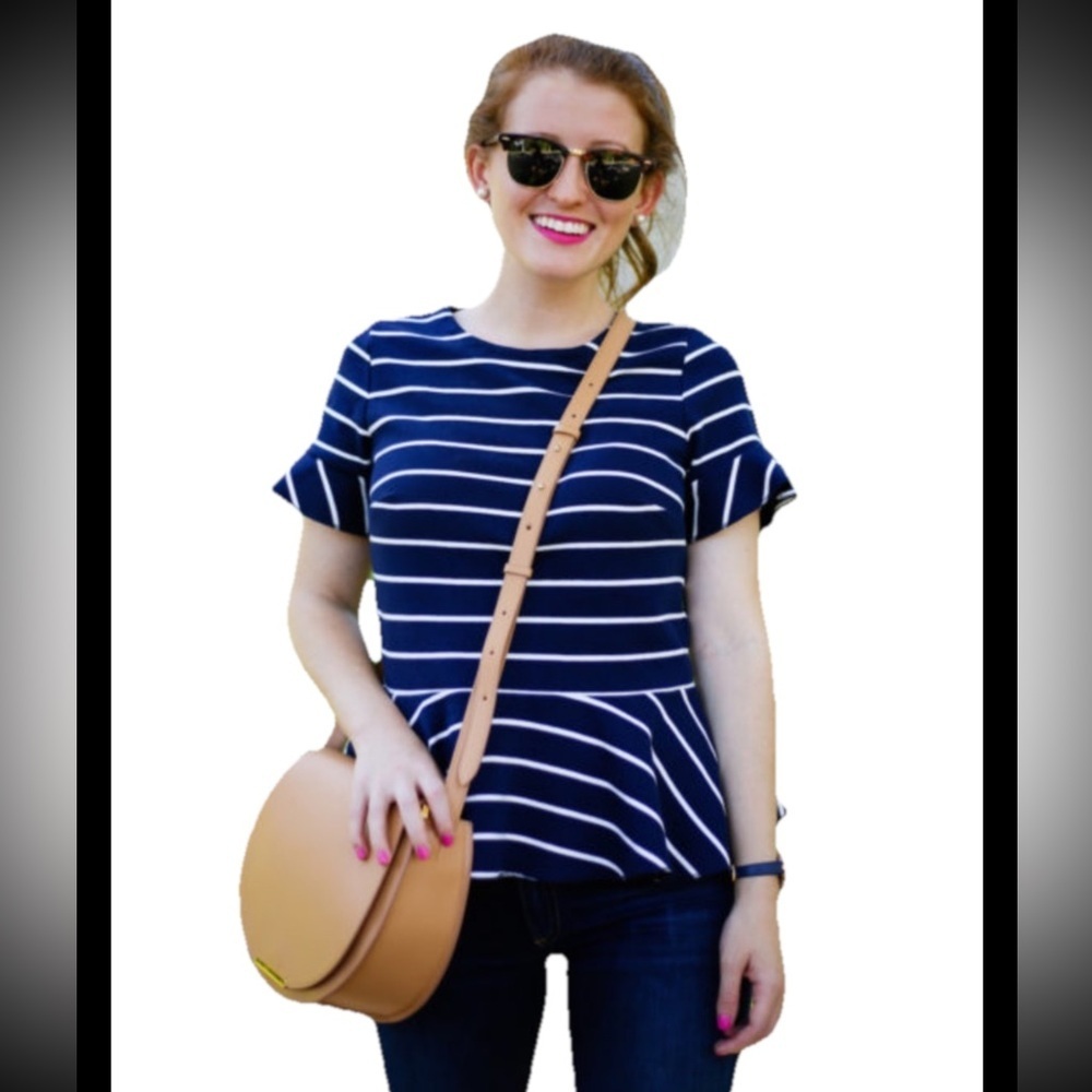 Women's J. Crew Navy And White Strip Peplum Summer Blouse Top Size XL AA-5